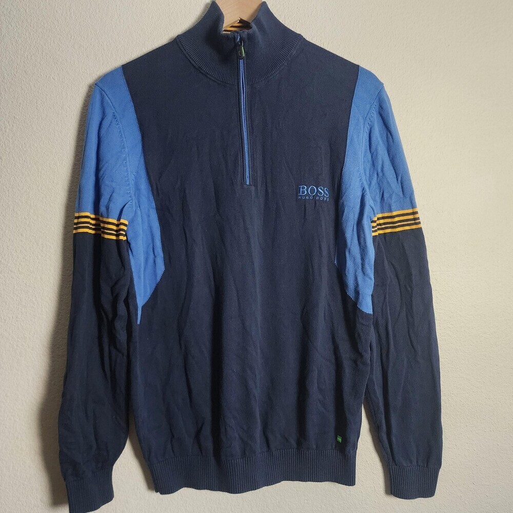 Hugo Boss Sweater Mens Medium Blue 1/2 Zip Neck Stripe Water Repellent Pullover